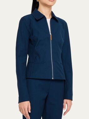 Lafayette 148 New York Lido Blue Zip Front Tailored Jacket Stretch Cotton US 16